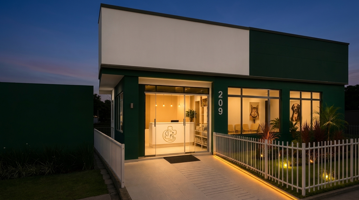 Entrada iluminada da Clínica Veterinária Mercês, aberta 24 horas